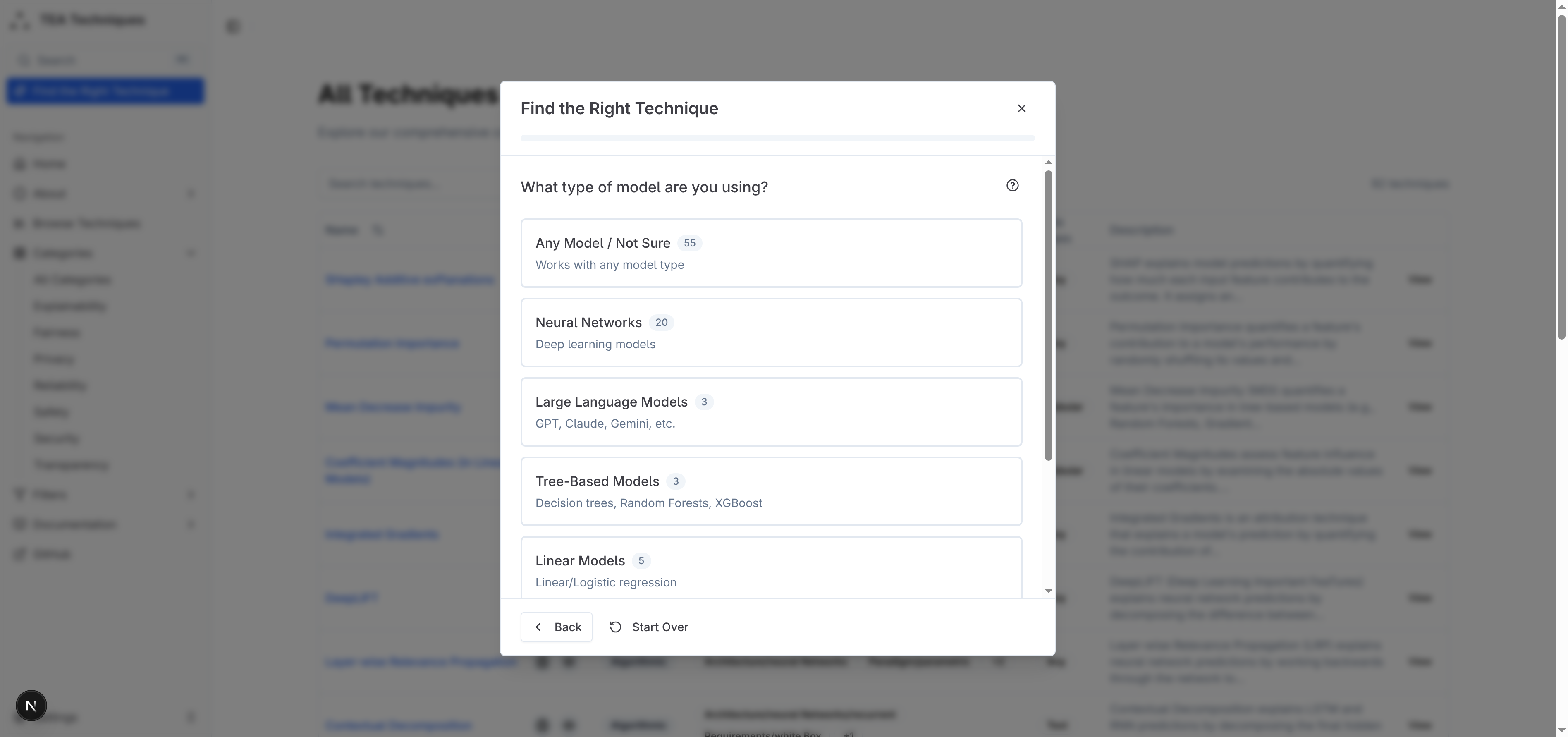 Example question showing model type options with result counts