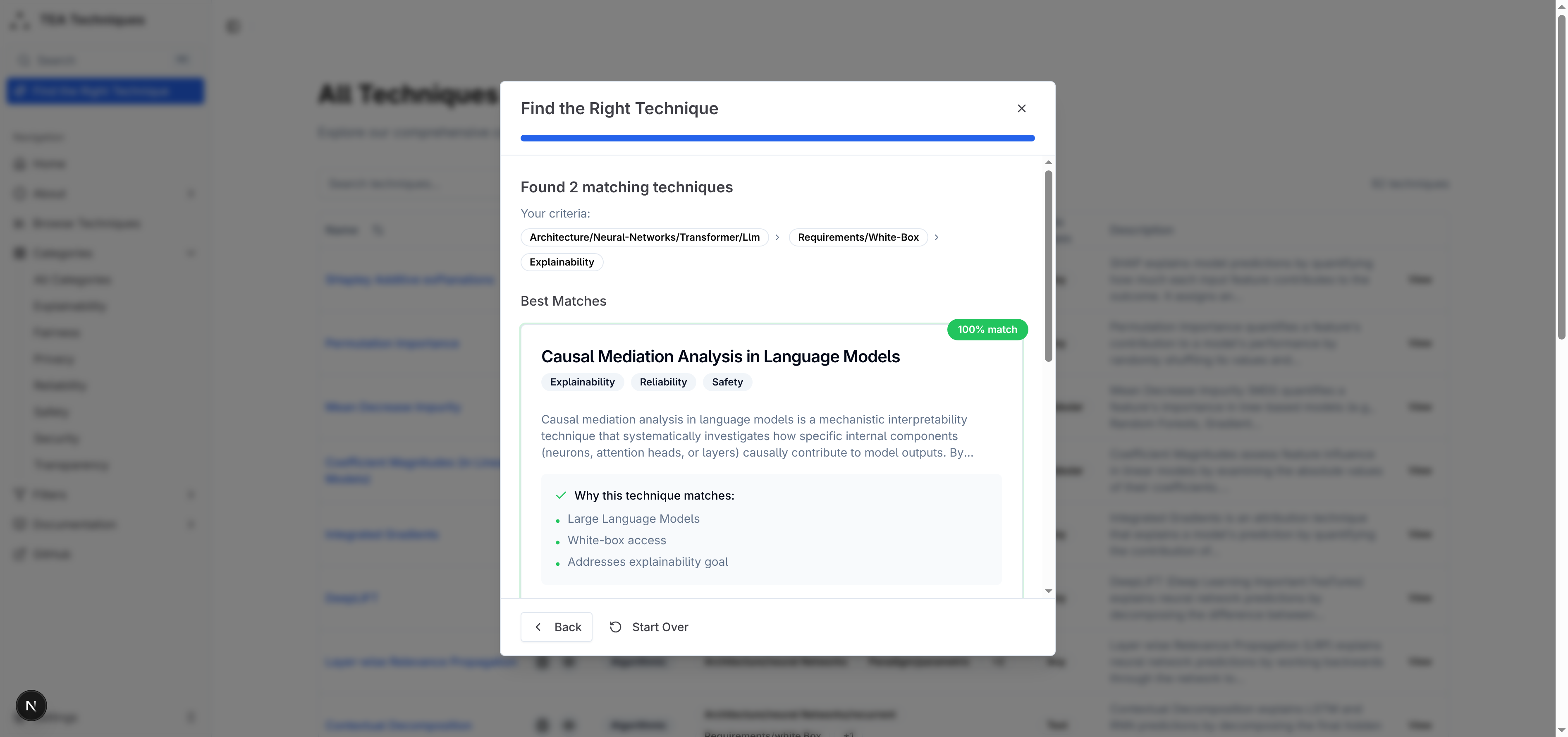Results page showing matched techniques with match scores