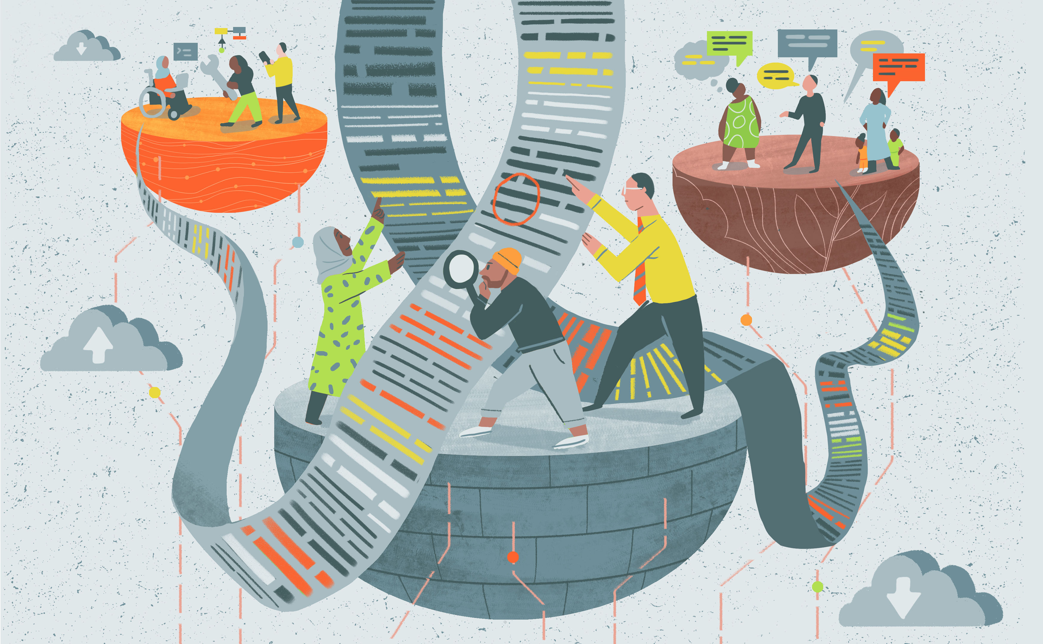 A hero image for the website. It is an abstract image of people on floating platforms, investigating information. The illustrator is Jonny lighthands.